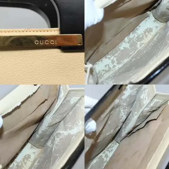 GUCCI Hand Bag Leather Beige Gold